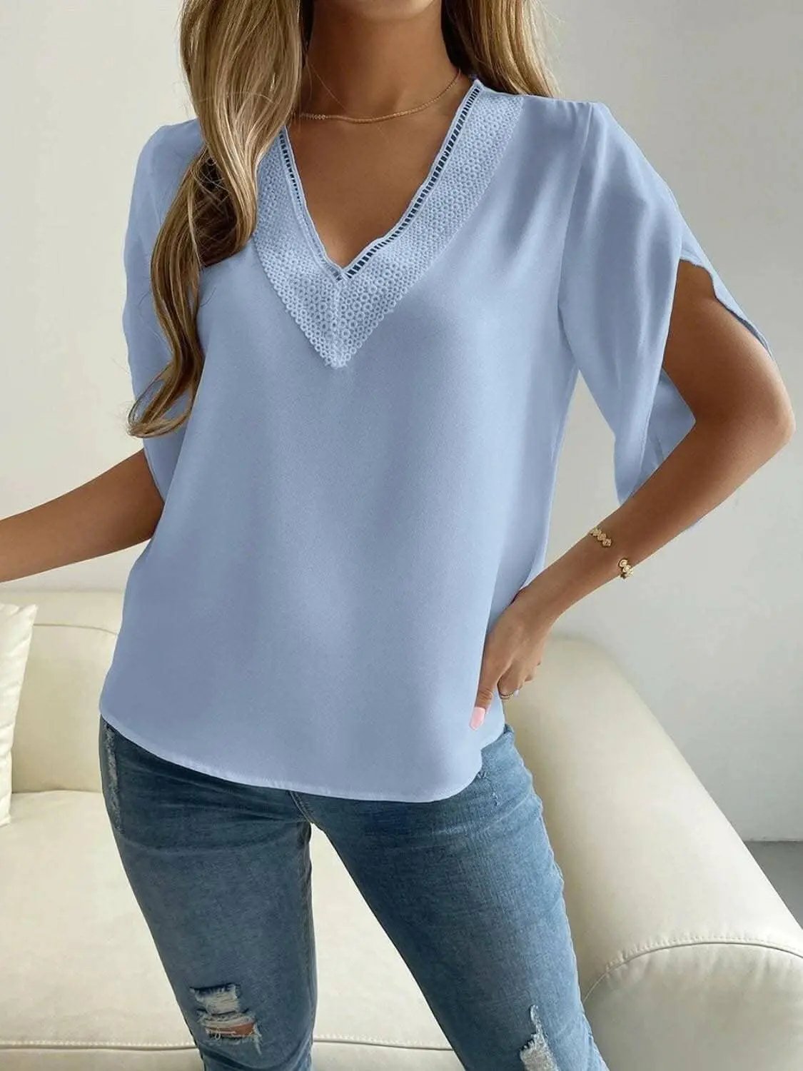 Elegant v-neck short sleeve blouse - Love Salve